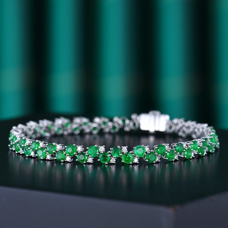 14k Gold 5.54 Ctw Vivid Green Natural Emerald & Diamond Bracelet - 2