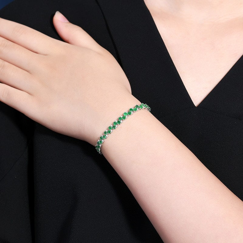 14k Gold 5.54 Ctw Vivid Green Natural Emerald & Diamond Bracelet - 7