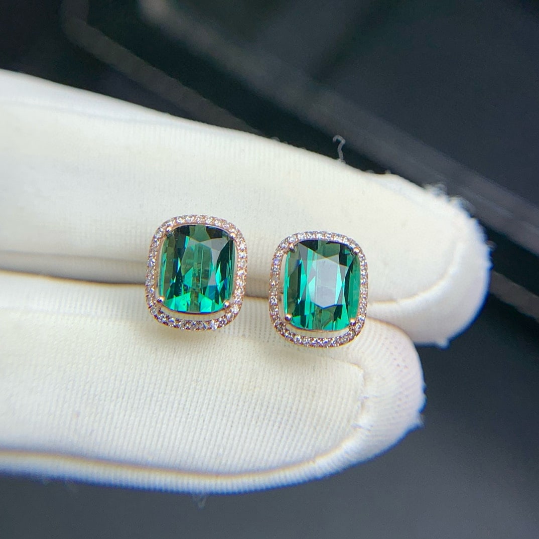 14k Gold 3.7 Ct Natural Tourmaline & Diamond Earrings - 7