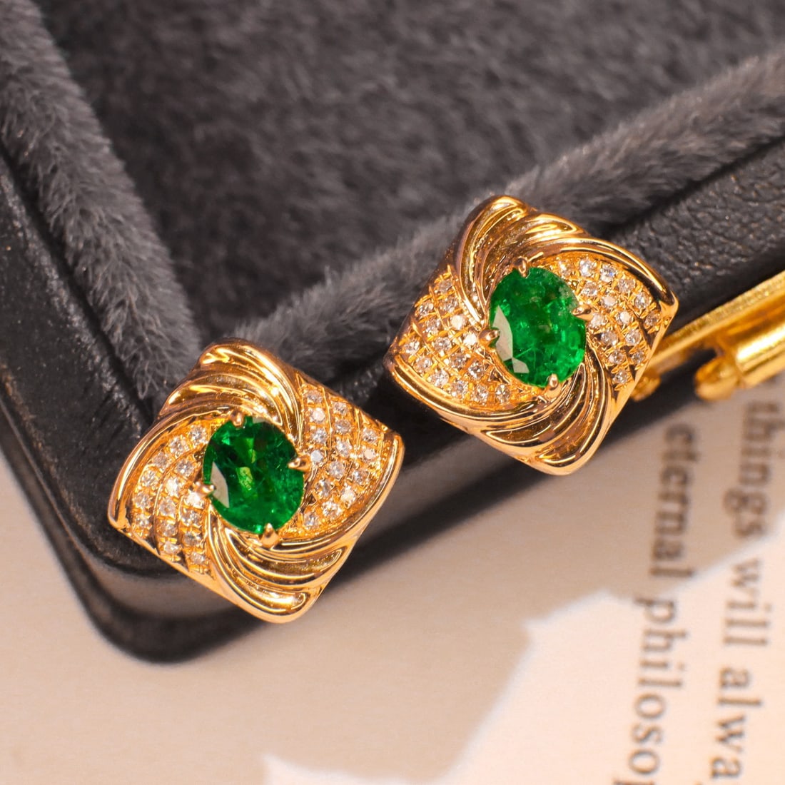 14k Gold 1.18 Ctw Vivid Green Natural Emerald & Diamond Earrings - 2