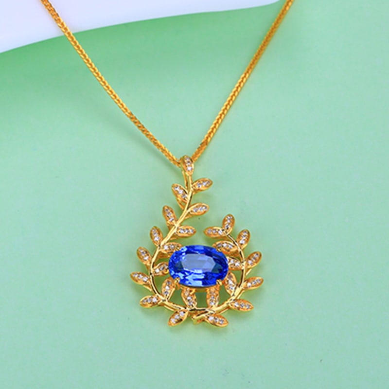 14k Gold 2.50 Ct Natural Sapphire & Diamond Pendant( Without Chain ) - 2