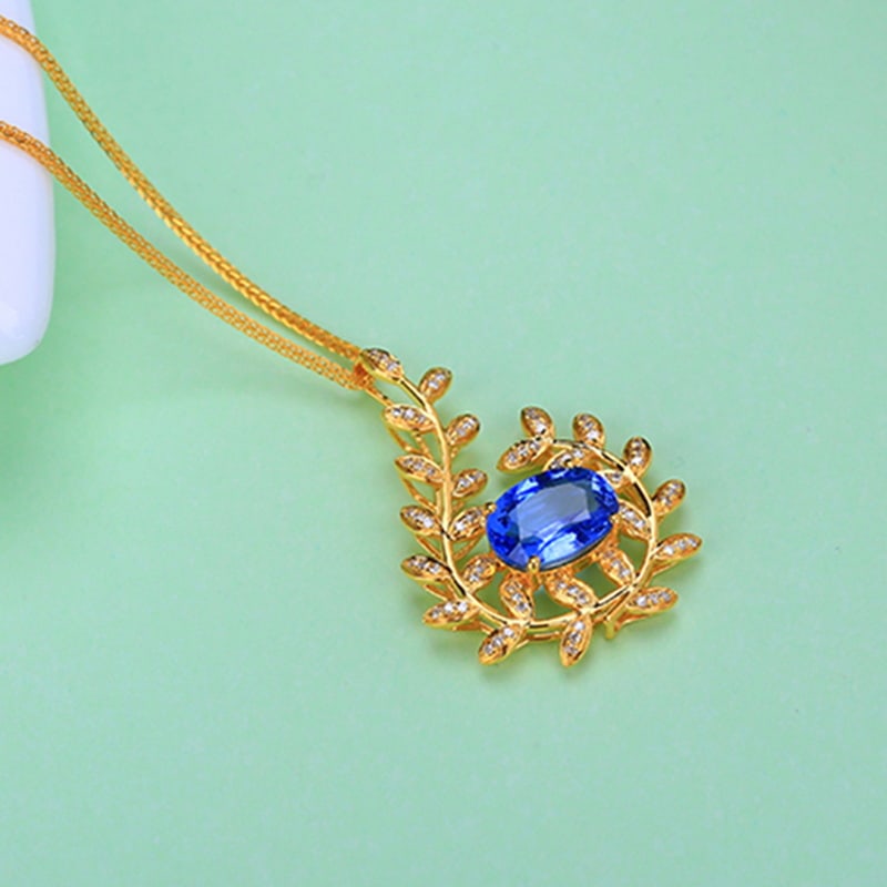 14k Gold 2.50 Ct Natural Sapphire & Diamond Pendant( Without Chain ) - 4