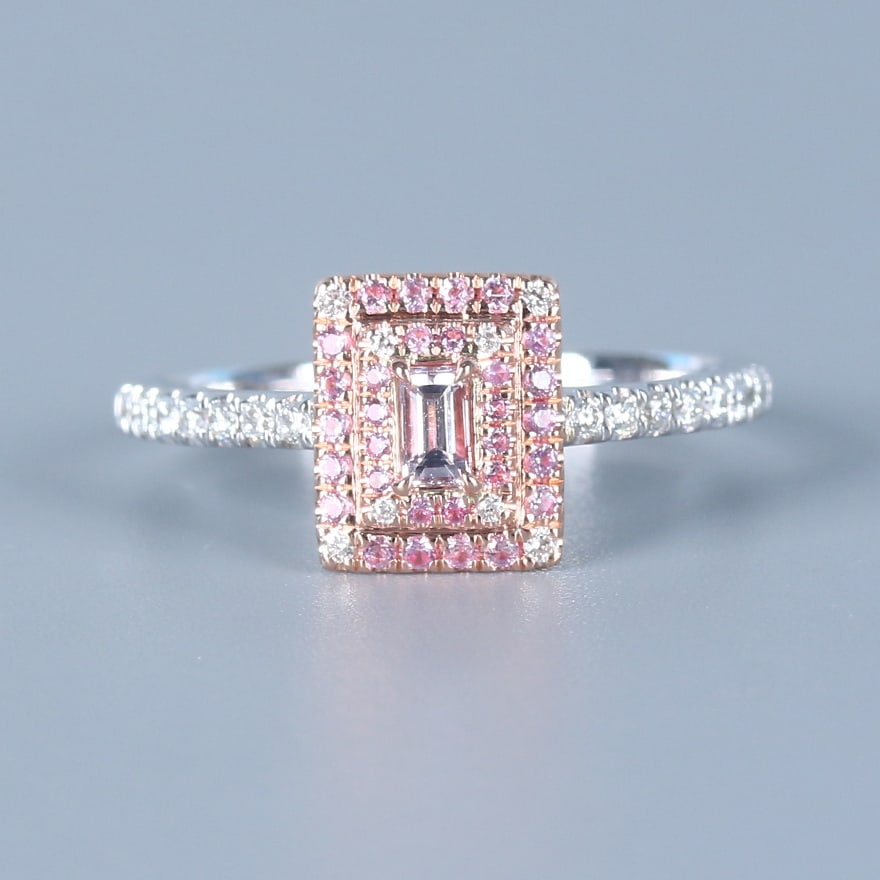 14k Gold 0.35 Ctw Natural Pink Diamond & Diamond Ring: Ref:230955013 // gold content:14k gold // ring size:7. 25us // // main gemstone:pink diamond // shape:emerald // carat weight:0. 19ct // color:pink // treatment:natural // // adjacent gemstone 2 :