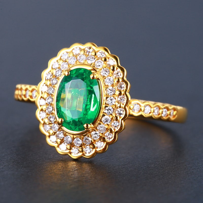 14k Gold 0.65 Ct Natural Emerald & Diamond Ring - 4