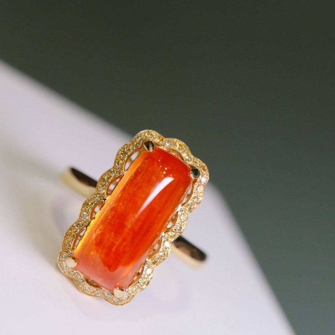 14k Gold 7.29 Ctw Natural Spessartine & Yellow Diamond Ring: Ref:230955031 // gold content:14k gold // ring size:7. 25us // // main gemstone:spessartine // shape:cushion // carat weight:7. 12ct // color:orange // treatment:natural // // adjacent gemstone 2