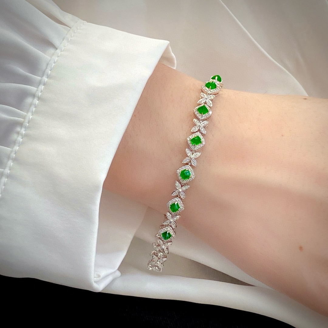 14k Gold 2.53 Ctw Vivid Green Natural Emerald & Diamond Bracelet - 6