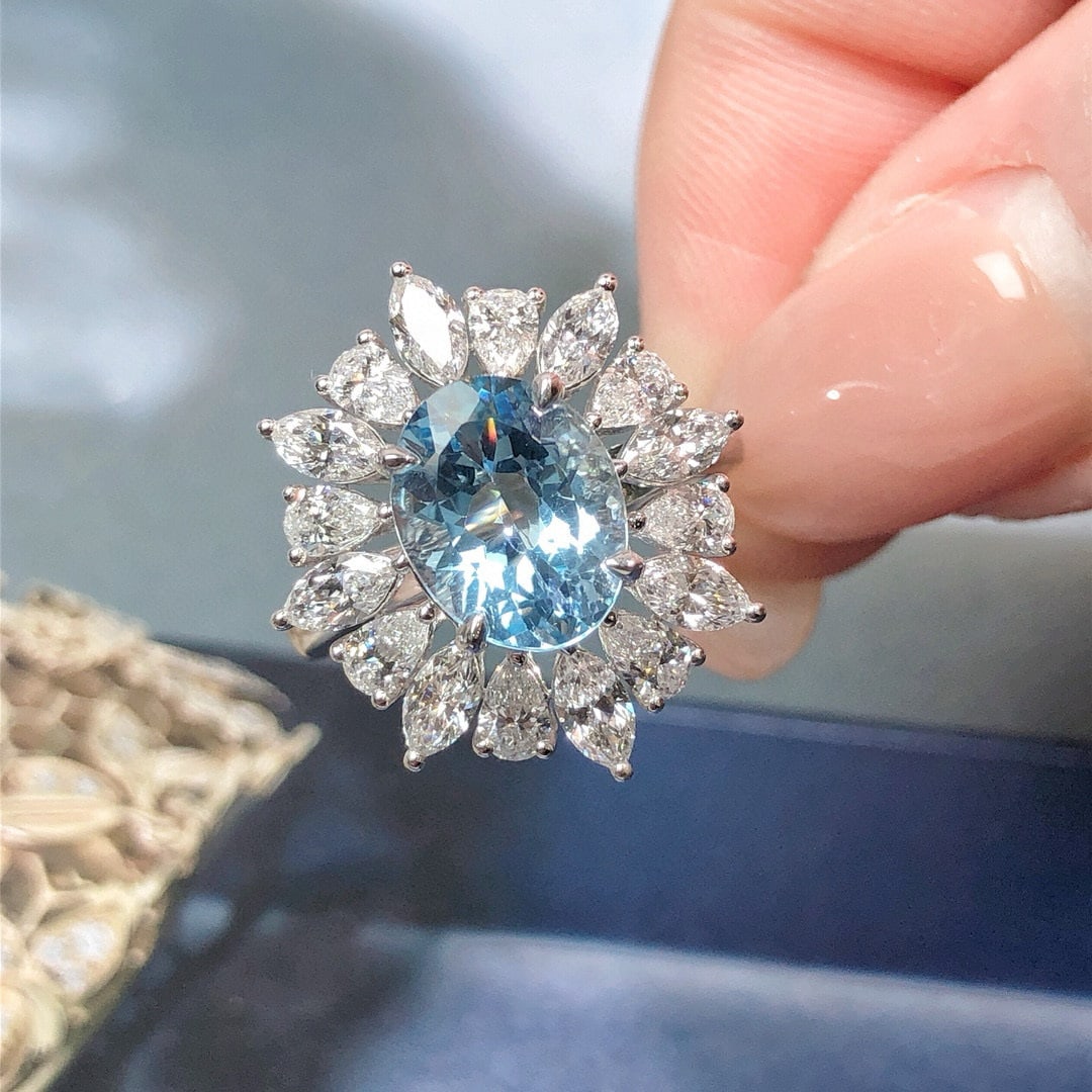 14k Gold 3.77 Ctw Natural Aquamarine & Lab Grown Diamond Ring - 3