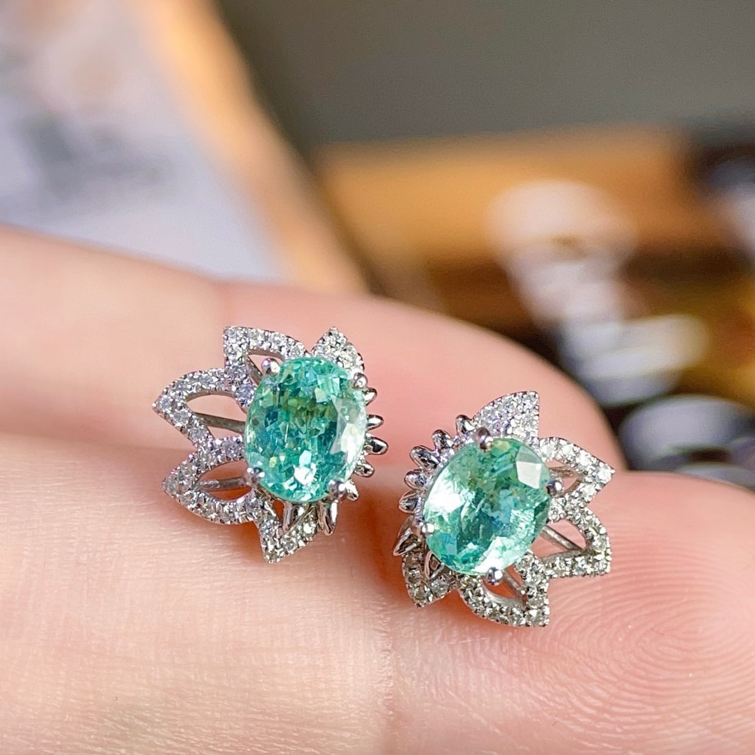 14k Gold 1.62 Ct Natural Paraiba Tourmaline & Diamond Earrings - 2