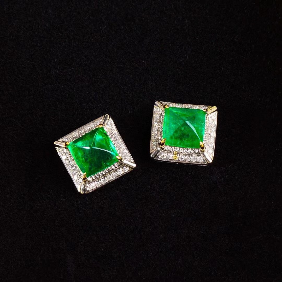 14k Gold 3.67 Ct Vivid Green Natural Emerald & Diamond Earrings - 3