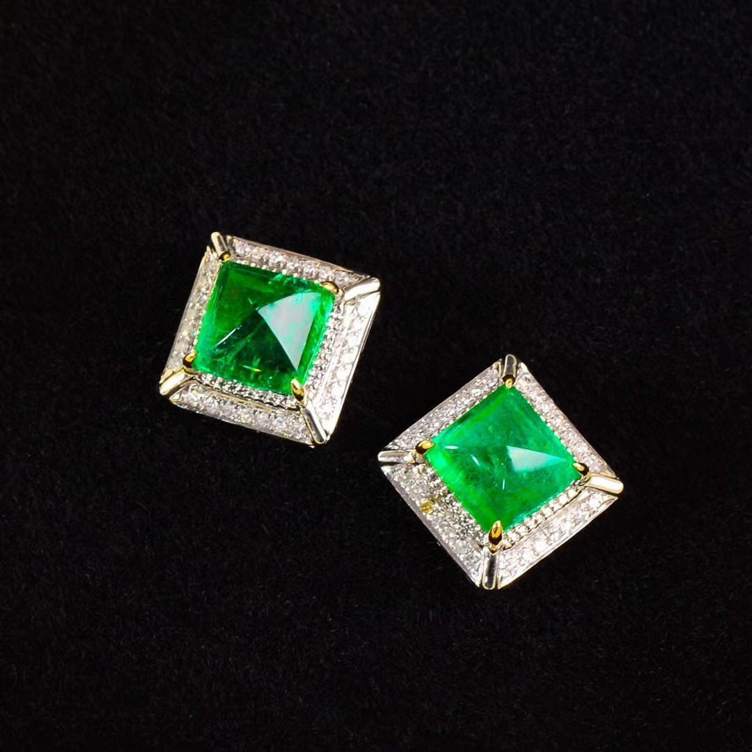14k Gold 3.67 Ct Vivid Green Natural Emerald & Diamond Earrings - 5