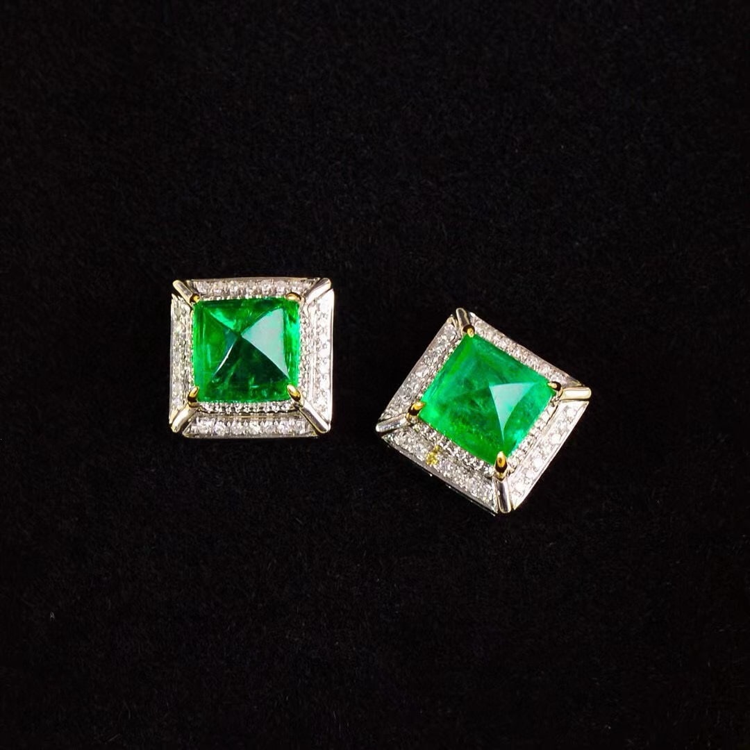 14k Gold 3.67 Ct Vivid Green Natural Emerald & Diamond Earrings - 6