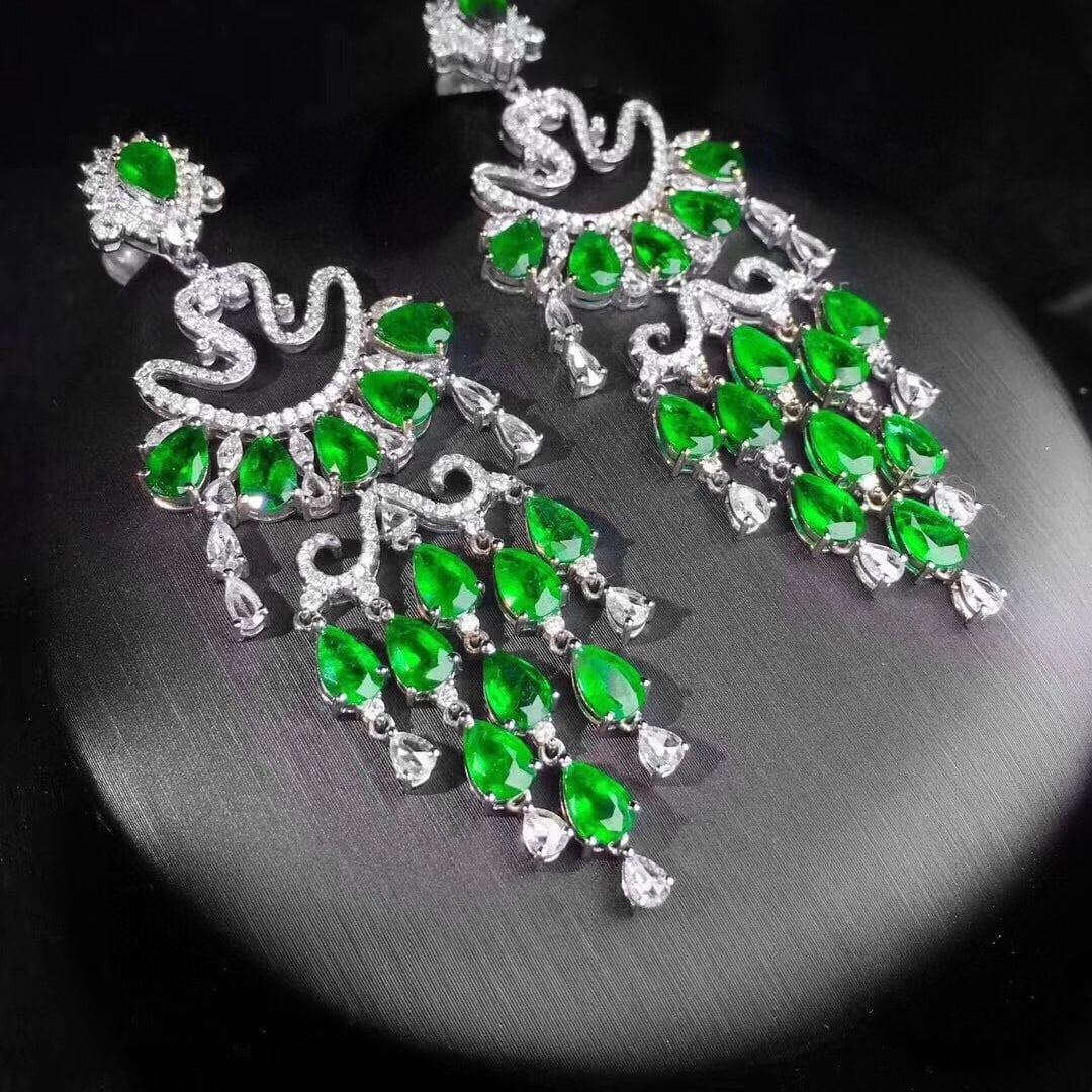 14k Gold 15.8 Ctw Vivid Green Natural Emerald & Diamond Earrings - 6