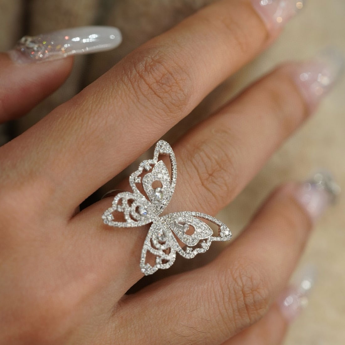 14k Gold 0.8 Ct Natural H Diamond & Butterfly Ring - 3