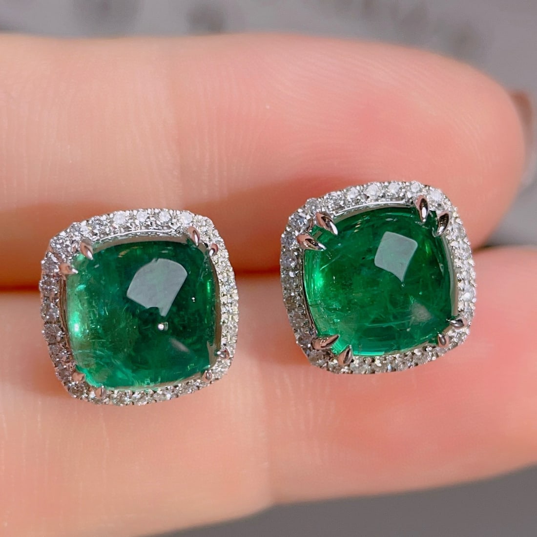 14k Gold 7.78 Ctw Vivid Green Natural Emerald & Diamond Earrings - 2