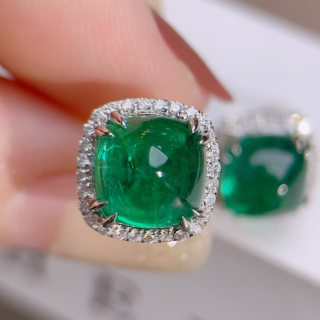14k Gold 7.78 Ctw Vivid Green Natural Emerald & Diamond Earrings - 5