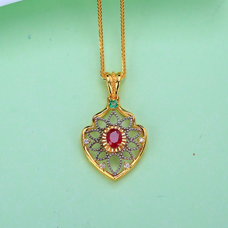 14k Gold 0.46 Ct Vivid Red Natural Ruby & Diamond & Tsavorite Pendant( Without Chain ): Ref:230955073 // gold content:14k gold // main gemstone:ruby // shape:oval // carat weight:0. 46ct // color:vivid red // treatment:natural // // adjacent gemstone 2 : diamond // shape:round //