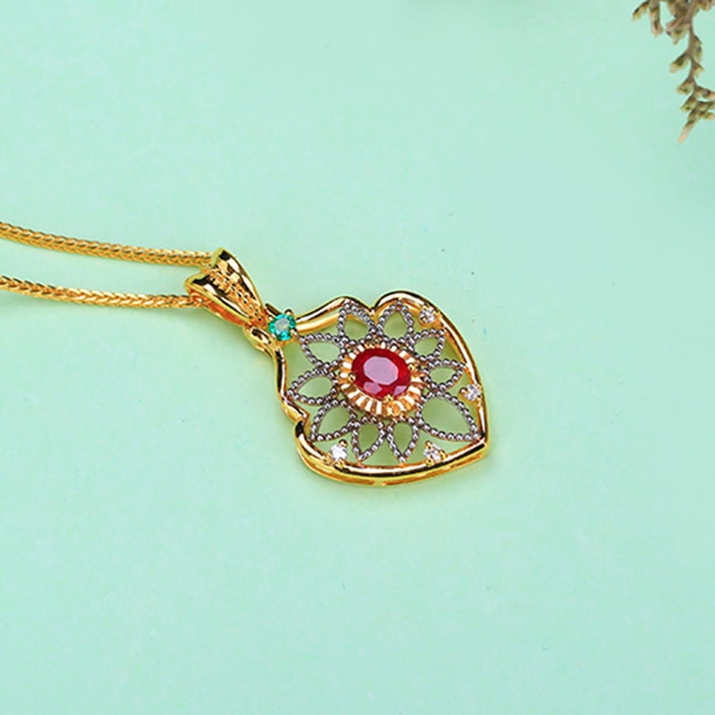 14k Gold 0.46 Ct Vivid Red Natural Ruby & Diamond & Tsavorite Pendant( Without Chain ) - 2