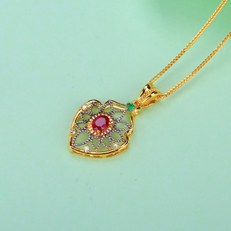 14k Gold 0.46 Ct Vivid Red Natural Ruby & Diamond & Tsavorite Pendant( Without Chain ) - 3