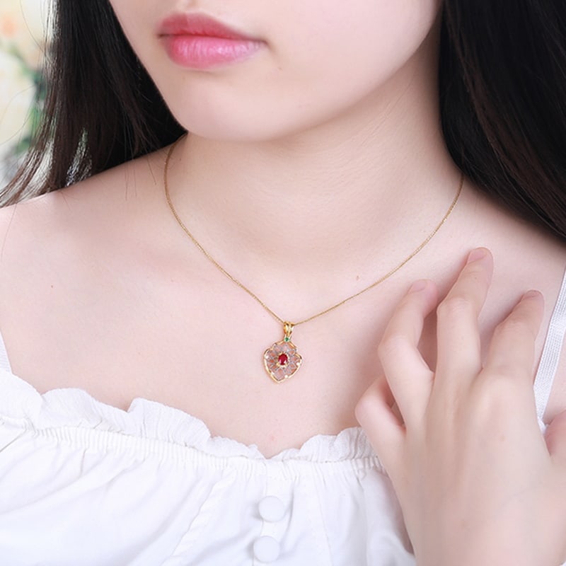 14k Gold 0.46 Ct Vivid Red Natural Ruby & Diamond & Tsavorite Pendant( Without Chain ) - 5