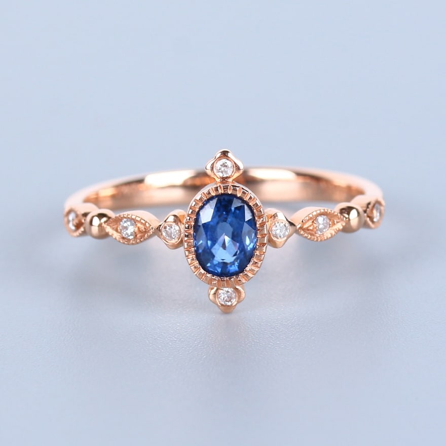 14k Gold 0.54 Ct Natural Sapphire & Diamond Ring: Ref:230955089 // gold content:14k gold // ring size:7. 25us // // main gemstone:sapphire // shape:oval // carat weight:0. 54ct // color:blue // treatment:natural // // adjacent gemstone 2 :