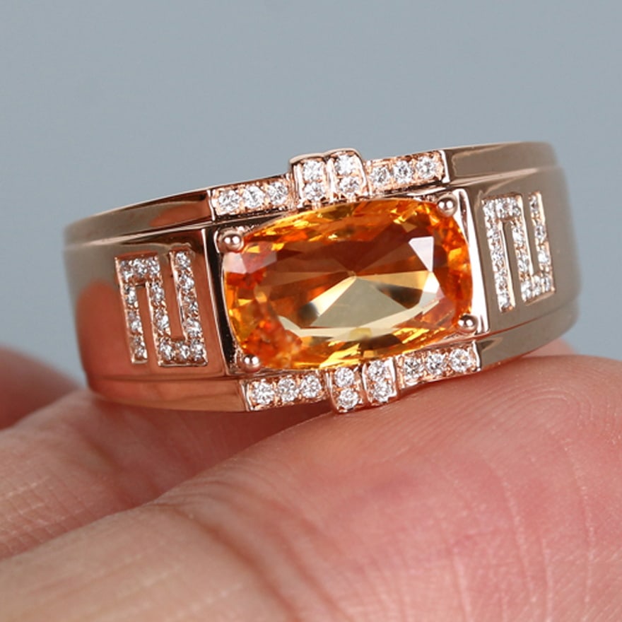 14k Gold 2.05 Ct Natural Sapphire & Diamond & Men¡¯s Ring: Ref:230955090 // gold content:14k gold // ring size:8us // // main gemstone:sapphire // shape:cushion // carat weight:2. 05ct // color:orange // treatment:natural // // adjacent gemstone 2 :