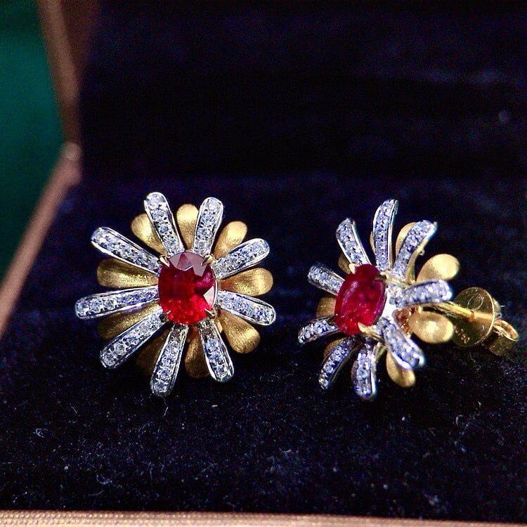 14k Gold 1.20 Ctw Natural Ruby & Diamond & Flowers Earrings - 2
