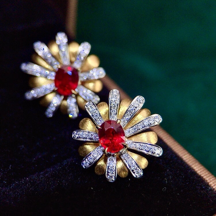 14k Gold 1.20 Ctw Natural Ruby & Diamond & Flowers Earrings - 3