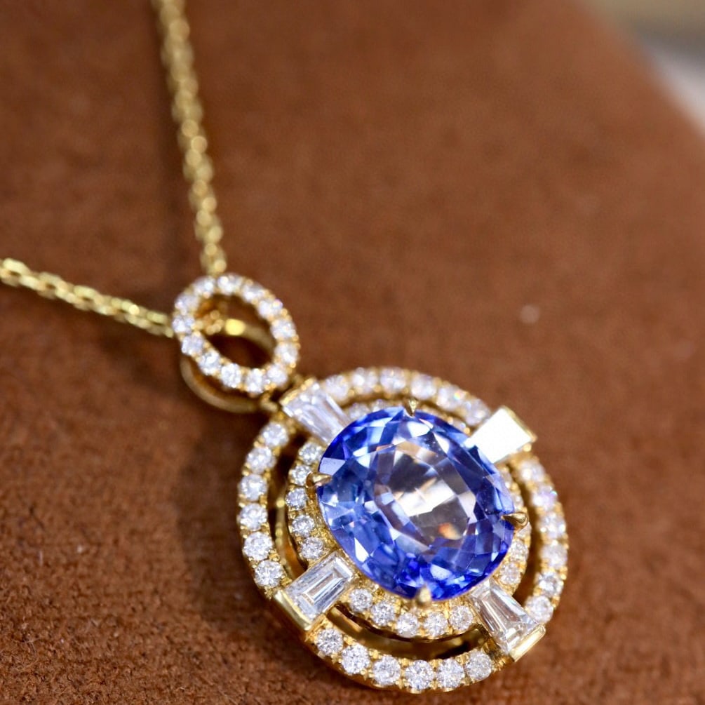 14k Gold 3.18 Ctw Natural Sapphire & Diamond Pendant( Without Chain ) - 2