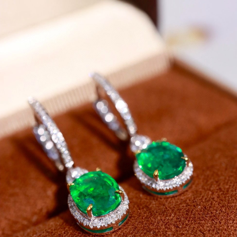 14k Gold 3.08 Ctw Natural Emerald & Diamond Earrings - 4