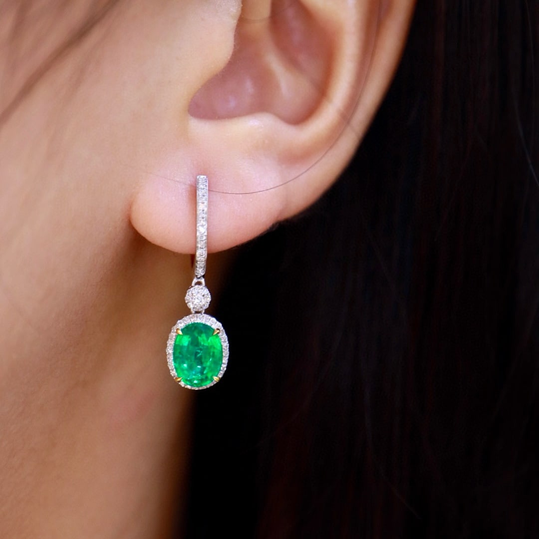 14k Gold 3.08 Ctw Natural Emerald & Diamond Earrings - 6