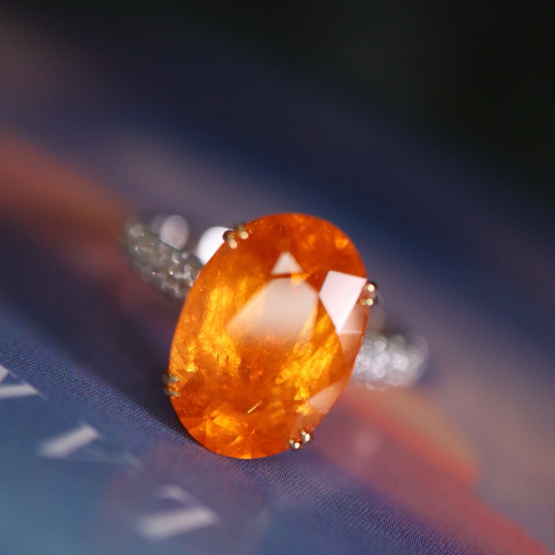 14k Gold 6.10 Ctw Natural Spessartine & Diamond Ring: Ref:230955118 // gold content:14k gold // ring size:7. 25us // // main gemstone:spessartine // shape:oval // carat weight:5. 76ct // color:orange // treatment:natural // // adjacent gemstone 2 :