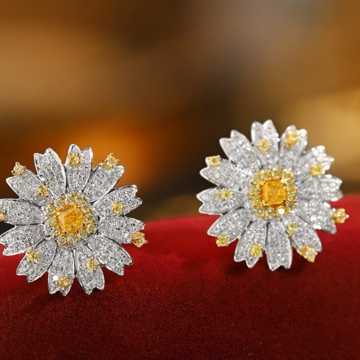 14k Gold 0.90 Ct Natural Color Diamond & Flowers Earrings: Ref:230955120 // gold content:14k gold // main gemstone:diamond // shape:multiply // carat weight:0. 90ct // clarity grade:vs-si // color:color // treatment:natural // Condition: NewLow Estimate: