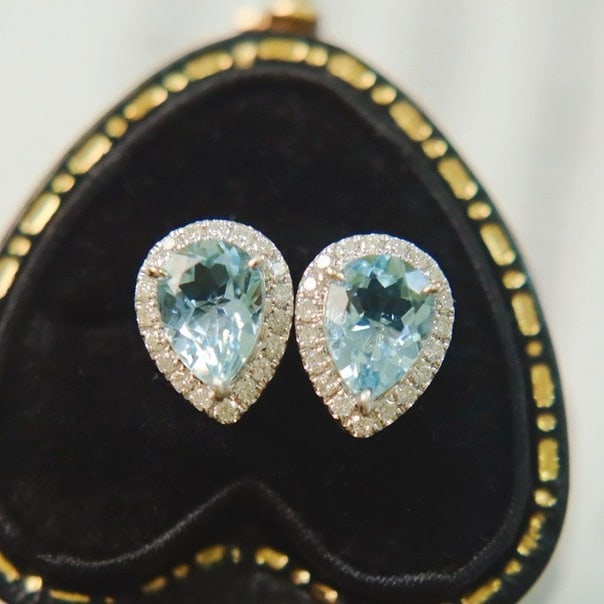 14k Gold 1.35 Ctw Natural Aquamarine & Diamond Earrings - 2