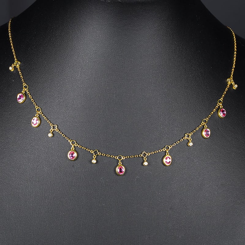 14k Gold 1.94 Ctw Natural Padparadscha Sapphire & Diamond Necklace: Ref:230955125 // gold content:14k gold // main gemstone:padparadscha sapphire // shape:oval // carat weight:1. 88ct // color:orangish pink // treatment:natural // // adjacent gemstone 2 : diamond