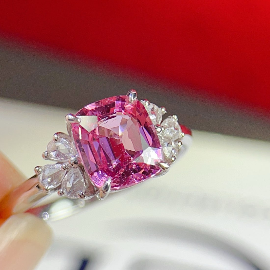 14k Gold 2.04 Ctw Natural Spinel & Diamond Ring: Ref:230955131 // gold content:14k gold // ring size:7. 25us // // main gemstone:spinel // shape:cushion // carat weight:1. 9ct // color:pink // treatment:natural // // adjacent gemstone 2 : diamond //