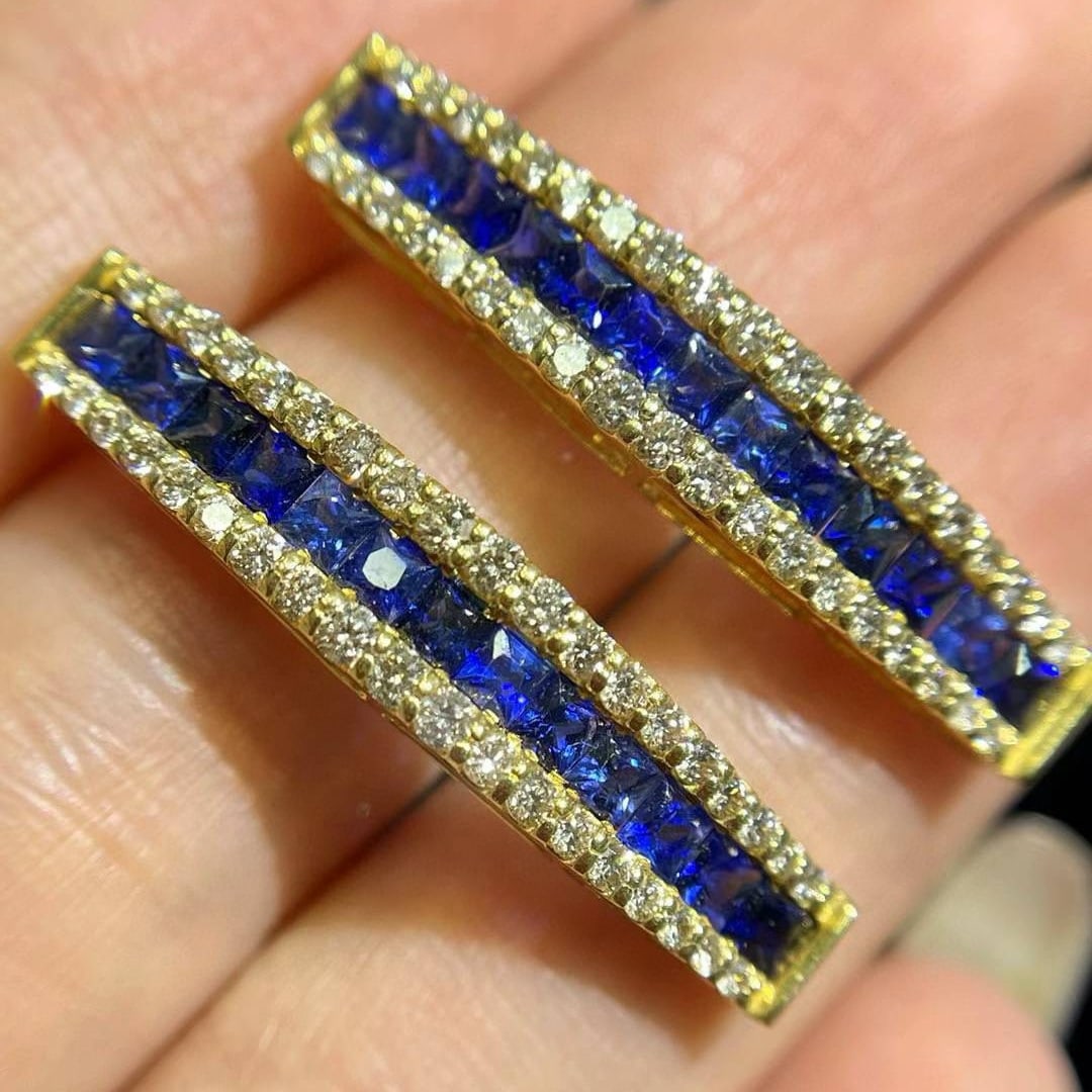 14k Gold 3.4 Ctw Natural Sapphire & Diamond Earrings: Ref:230955135 // gold content:14k gold // main gemstone:sapphire // shape:princess // carat weight:2. 4ct // color:blue // treatment:natural // // adjacent gemstone 2 : diamond // shape:round //