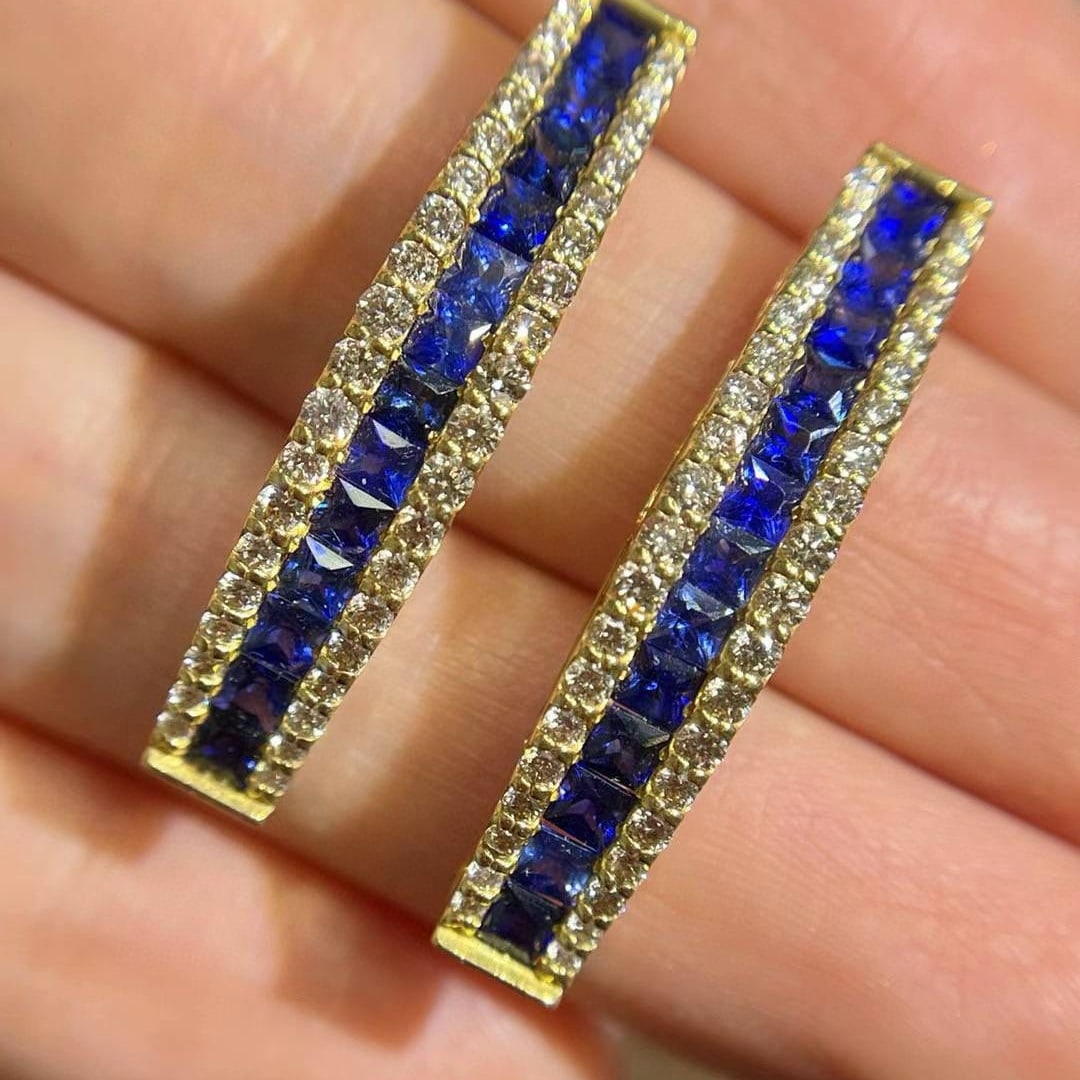 14k Gold 3.4 Ctw Natural Sapphire & Diamond Earrings - 2
