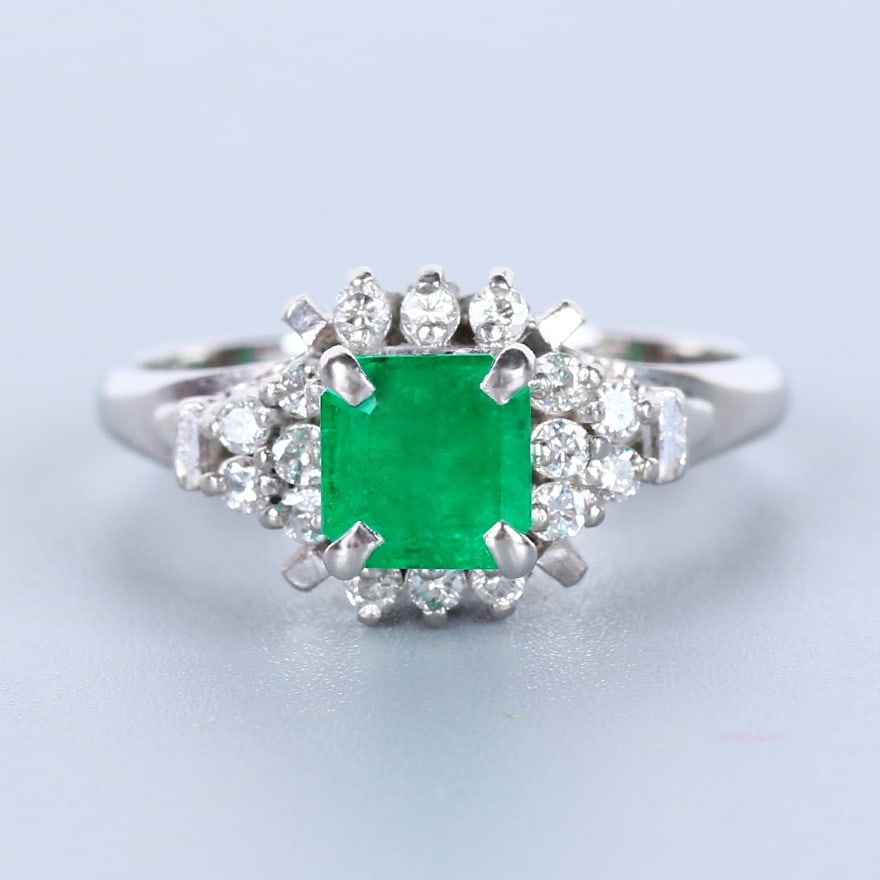 14k Gold 0.91 Ct Natural Emerald & Diamond Ring: Ref:230955136 // gold content:14k gold // ring size:7. 25us // // main gemstone:emerald // shape:octagonal // carat weight:0. 91ct // color:green // treatment:natural // // adjacent gemstone 2 : diamo