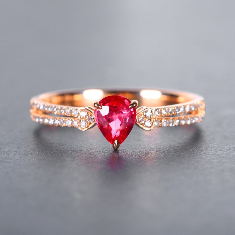 14k Gold 0.74 Ctw Natural Ruby & Diamond Ring: Ref:230955137 // gold content:14k gold // ring size:7. 25us // // main gemstone:ruby // shape:pear // carat weight:0. 6ct // color:red // treatment:natural // // adjacent gemstone 2 : diamond // numbe