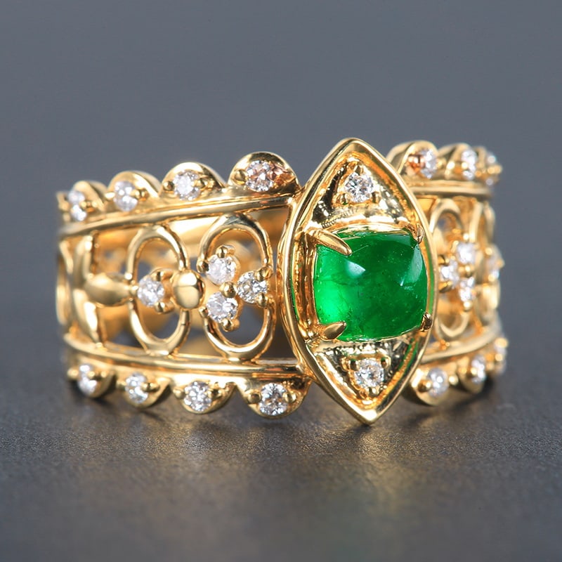14k Gold 0.8 Ct Vivid Green Natural Emerald & Diamond Ring - 4