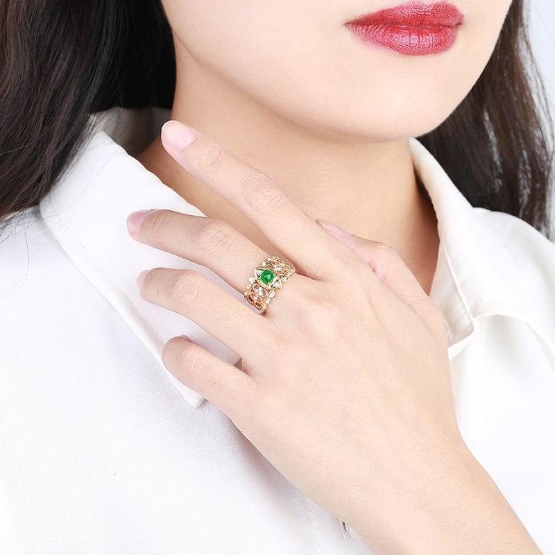 14k Gold 0.8 Ct Vivid Green Natural Emerald & Diamond Ring - 5