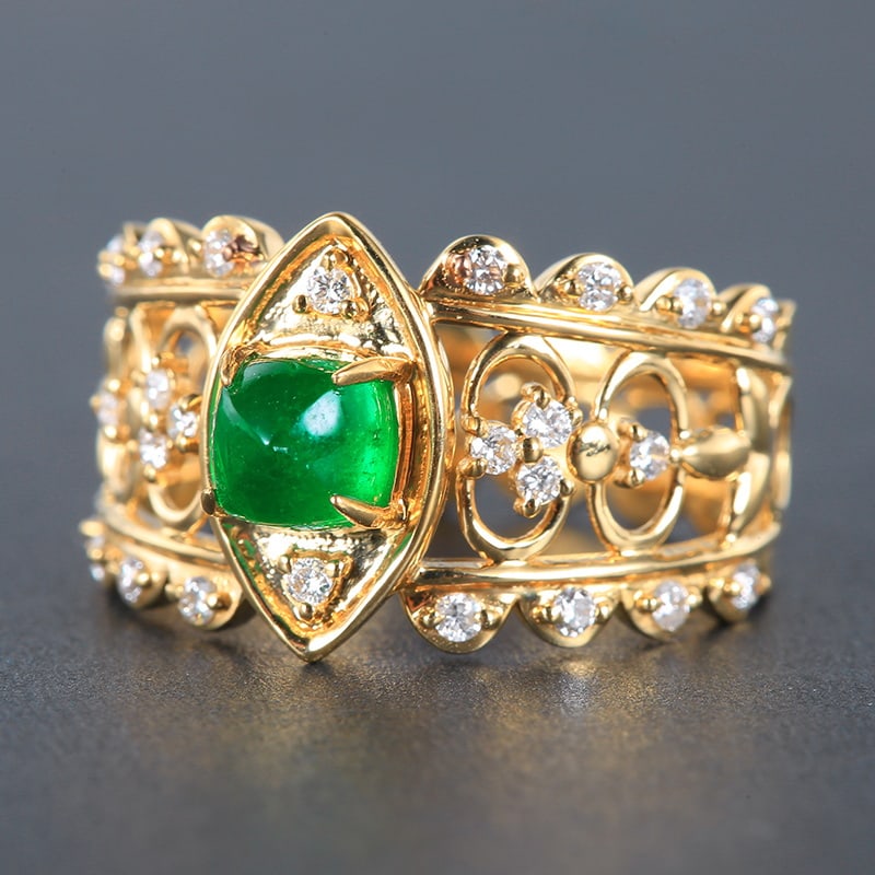 14k Gold 0.8 Ct Vivid Green Natural Emerald & Diamond Ring - 6