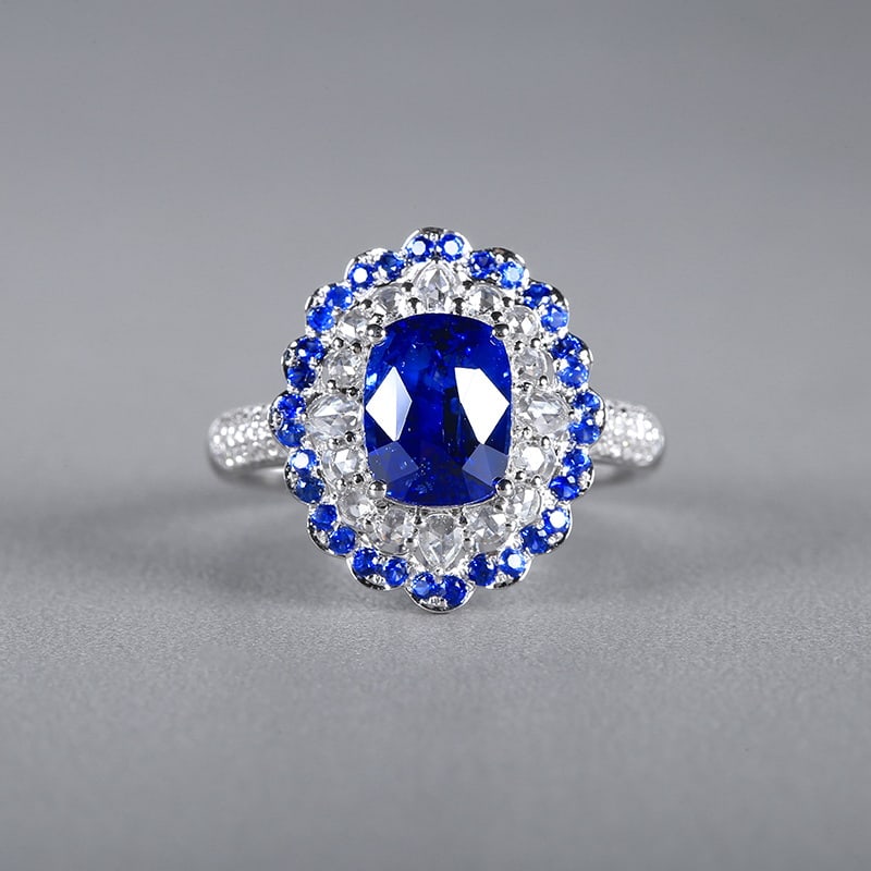 14k Gold 2.93 Ctw Natural Sapphire & Diamond Ring: Ref:230955150 // gold content:14k gold // ring size:7. 25us // // main gemstone:sapphire // shape:cushion // carat weight:2. 55ct // color:royal blue // treatment:natural // // adjacent gemstone 2 : d