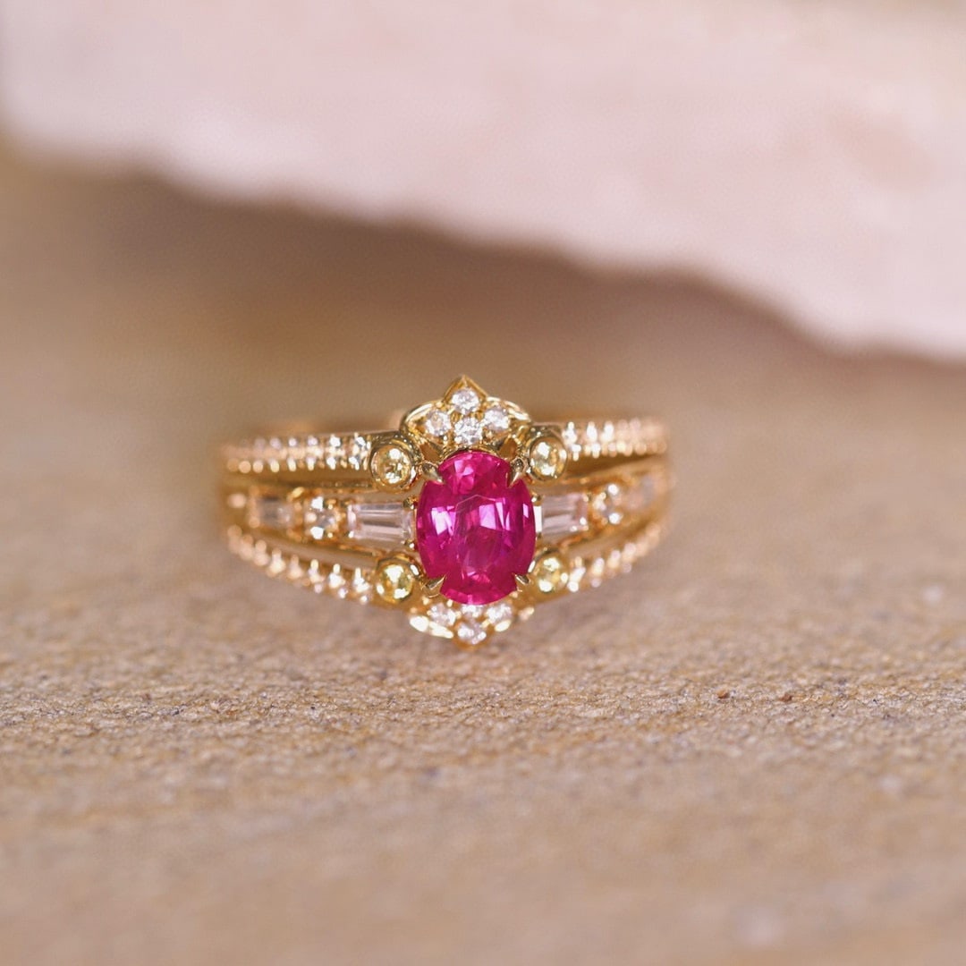 14k Gold 1.13 Ctw Natural Ruby & Diamond Ring: Ref:230955163 // gold content:14k gold // ring size:7. 25us // // main gemstone:ruby // shape:oval // carat weight:1. 08ct // color:red // treatment:natural // // adjacent gemstone 2 : diamond //