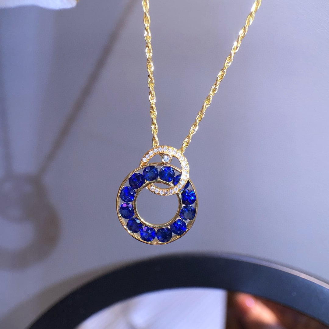 14k Gold 1.80 Ct Natural Sapphire & Diamond Necklace: Ref:230955183 // gold content:14k gold // main gemstone:sapphire // shape:round // carat weight:1. 80ct // color:blue // treatment:natural // cut grade:g // // adjacent gemstone 2 : diamond //