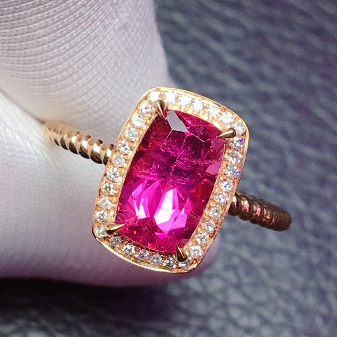 14k Gold 1.69 Ctw Natural Tourmaline & Diamond Ring: Ref:230955189 // gold content:14k gold // ring size:7. 25us // // main gemstone:tourmaline // shape:cushion // carat weight:1. 6ct // color:red // treatment:natural // // adjacent gemstone 2 :