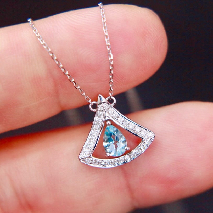 14k Gold 0.43 Ctw Natural Aquamarine & Diamond Necklace - 4