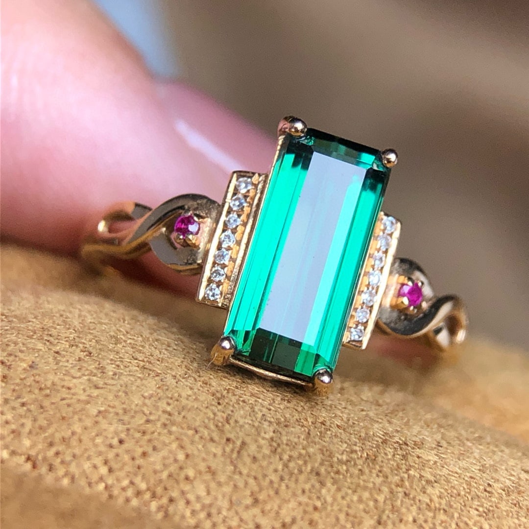 14k Gold 2.20 Ct Natural Tourmaline & Diamond Ring - 2