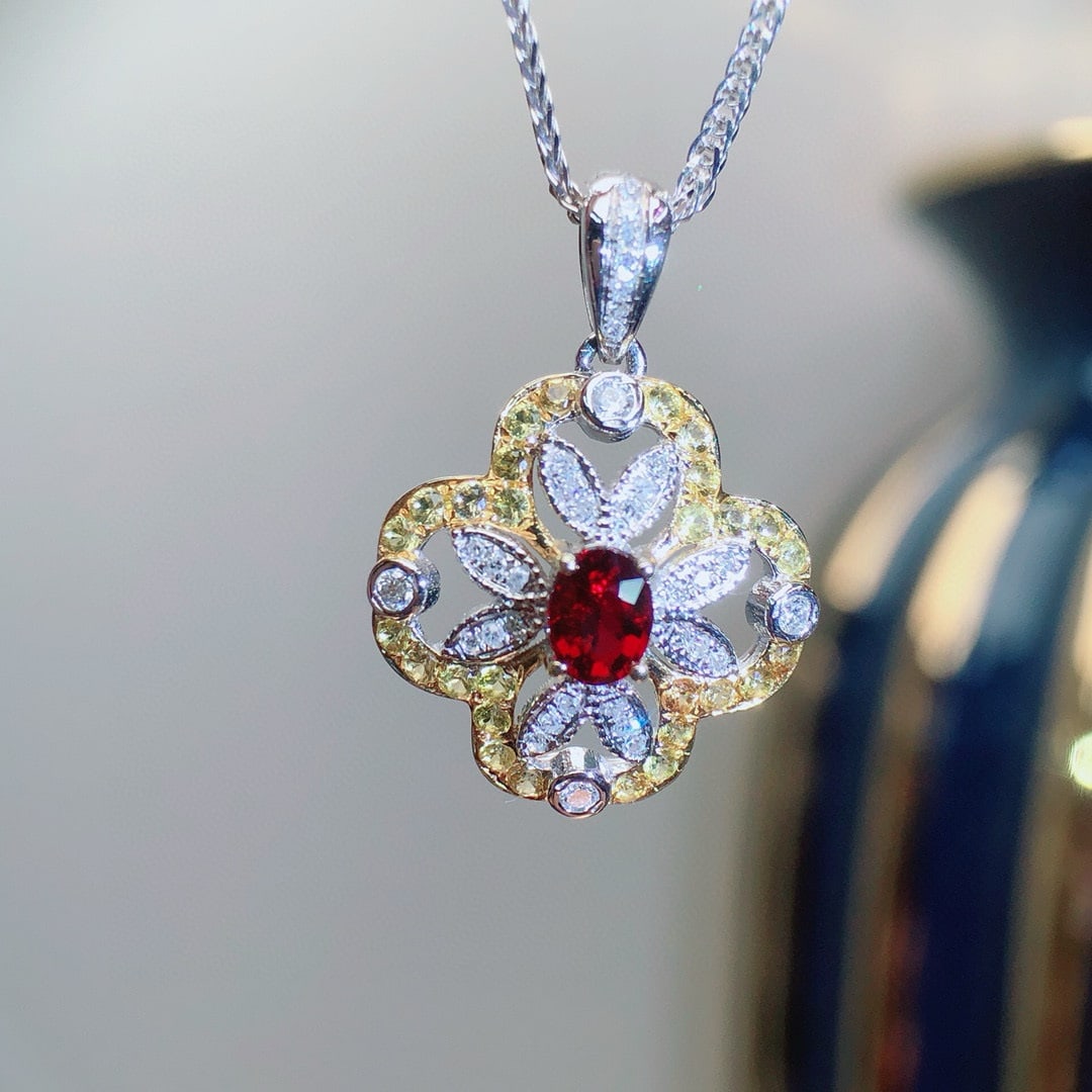 14k Gold 0.40 Ct Natural Ruby & Diamond & Sapphire Pendant( Without Chain ): Ref:230955207 // gold content:14k gold // main gemstone:ruby // shape:oval // carat weight:0. 40ct // color:red // treatment:natural // // adjacent gemstone 2 : diamond // number of stones:30 // shape