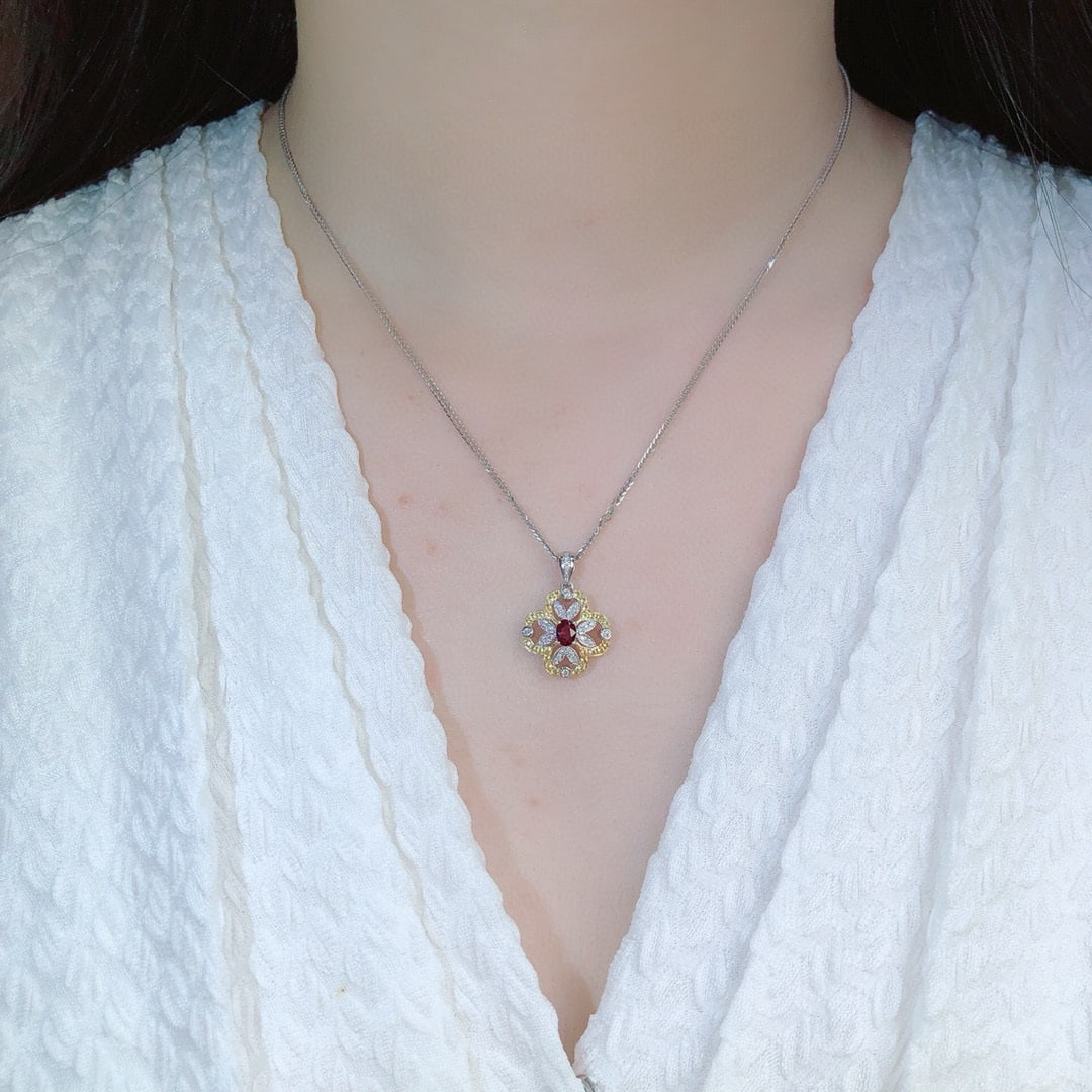 14k Gold 0.40 Ct Natural Ruby & Diamond & Sapphire Pendant( Without Chain ) - 2